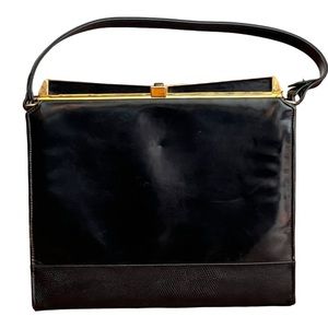 VINTAGE 1940S/50S BLACK PURSE WITH GOLD ACCENTS AND CROCODILE EMBOSSED AT BASE